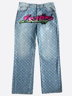Louis Vuitton Blue & Multicolor Graffiti Logo Monogram Denim Jeans